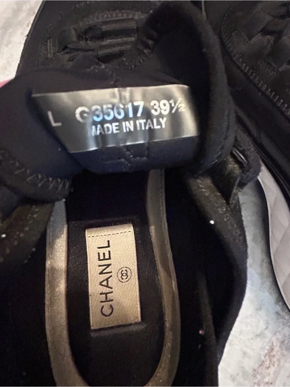 CHANEL Black Leather Sneaker, Gold CC Accent,White quilted platform Sole391/2